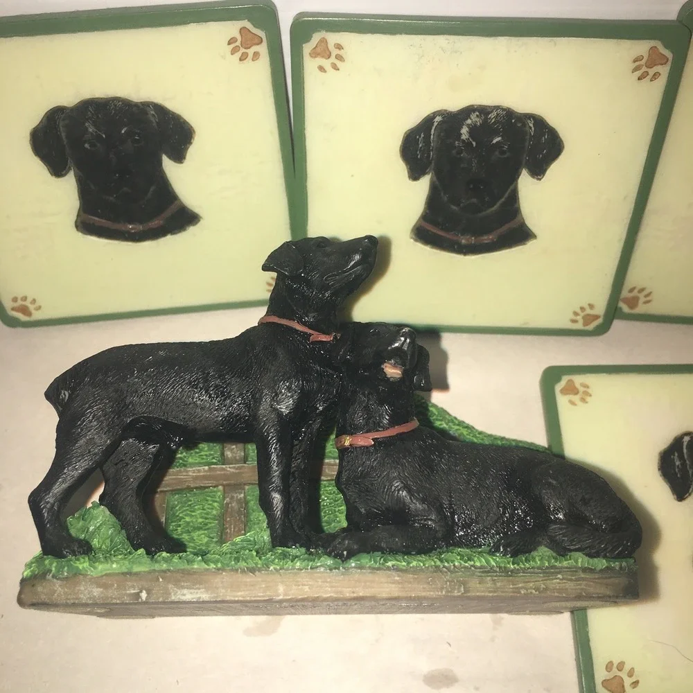 Black Lab Dogs Four Coaster Set with Holder Handpainted 3D Resin Read Descript